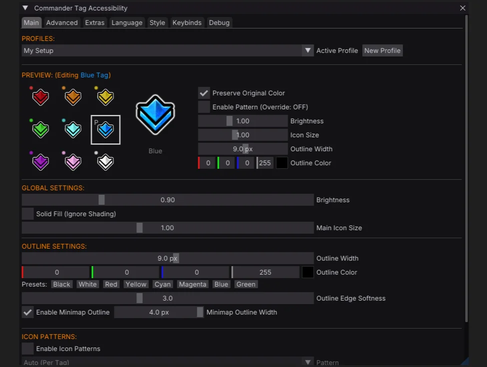 In-game settings user interface for Commander Tag Accessibility